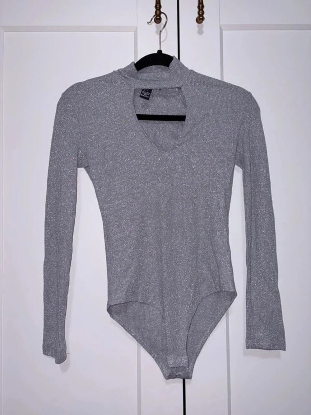 Y2K Cyber Silver Glitter Keyhole Bodysuit